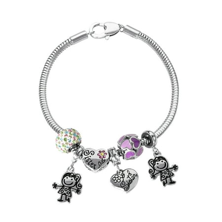 Connections from Hallmark Stainless Steel Crystal Sisters Charm Bracelet Set, 7.25"