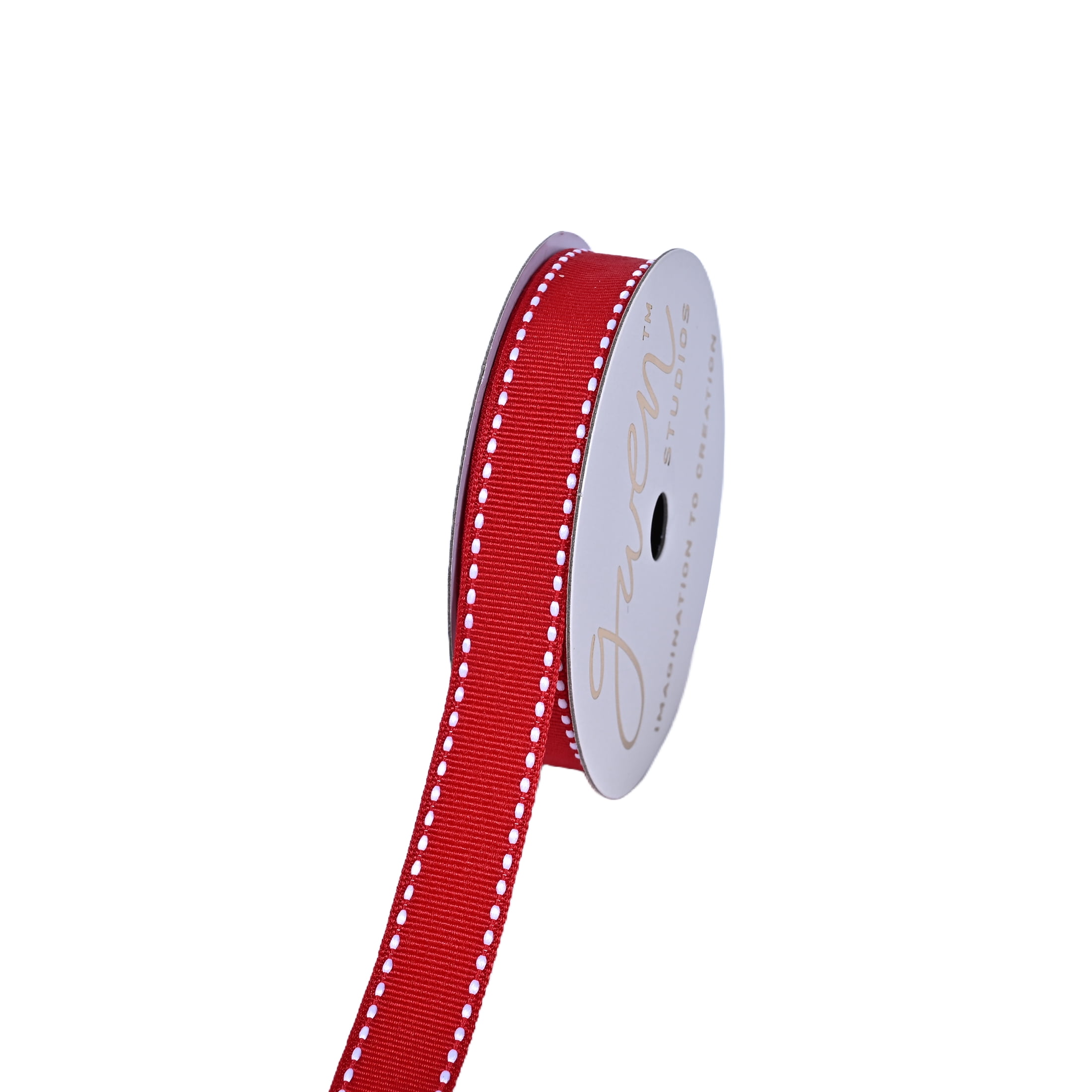 Gwen Studios 5/8" White Saddle Stitch on Red Grosgrain Ribbon, 7 Yards