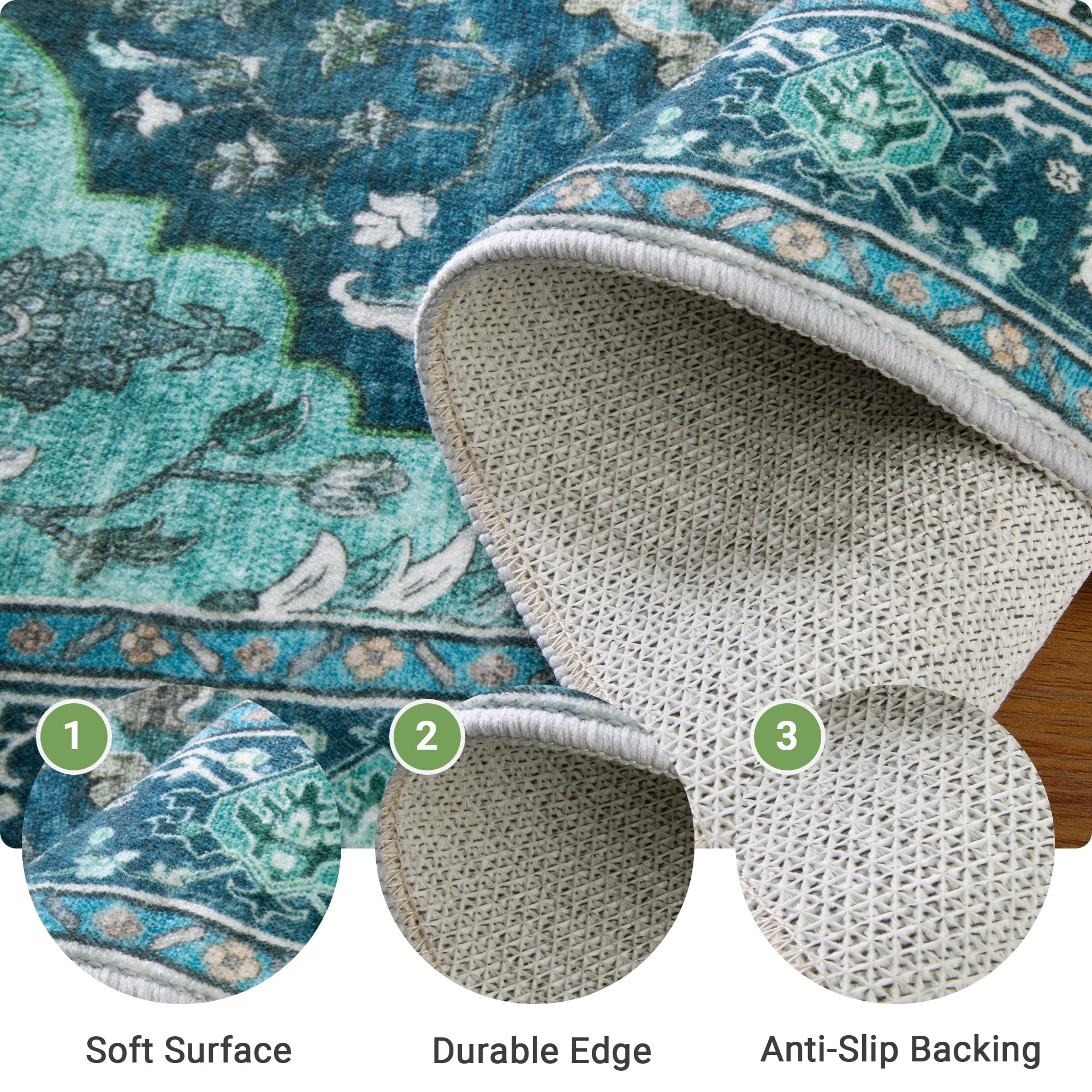 NewBuros 8'x10' Washable Area Rug for Living Room, Non Slip Vintage Distress Print Pattern Floral Rug, Soft Low Pile Indoor Carpet for Bedroom Dining Room, Teal Green