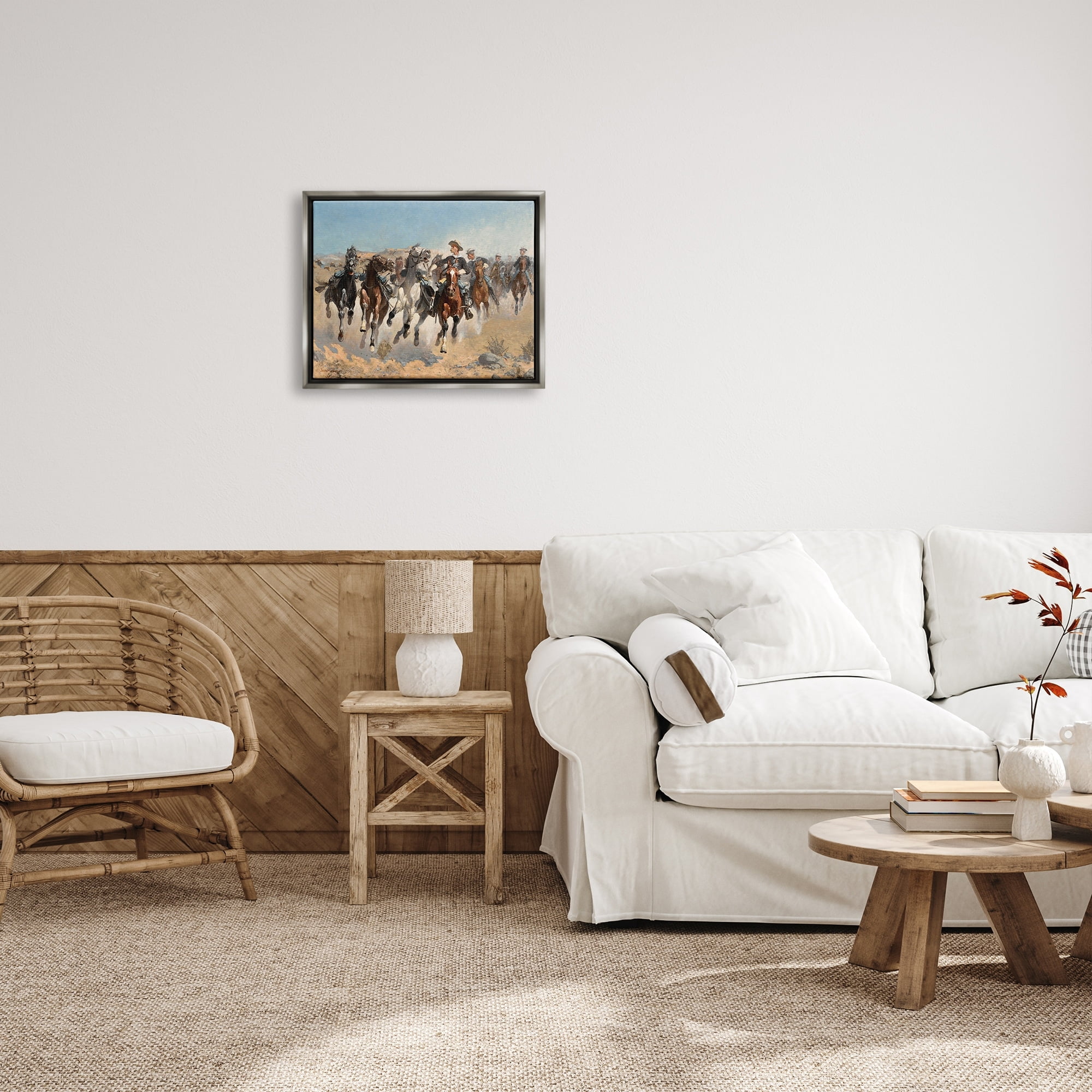 Stupell Industries Galloping Horses Herd Cowboys Trotting Desert Sand Painting Luster Gray Floating Framed Canvas Print Wall Art, Design by Lettered and Lined