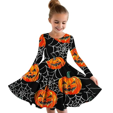 

Geire All Saints Day New Princess Dress for Girls Long-sleeved Crew Collar Printed Comfort Flowy Dress Aged 4-14 Years