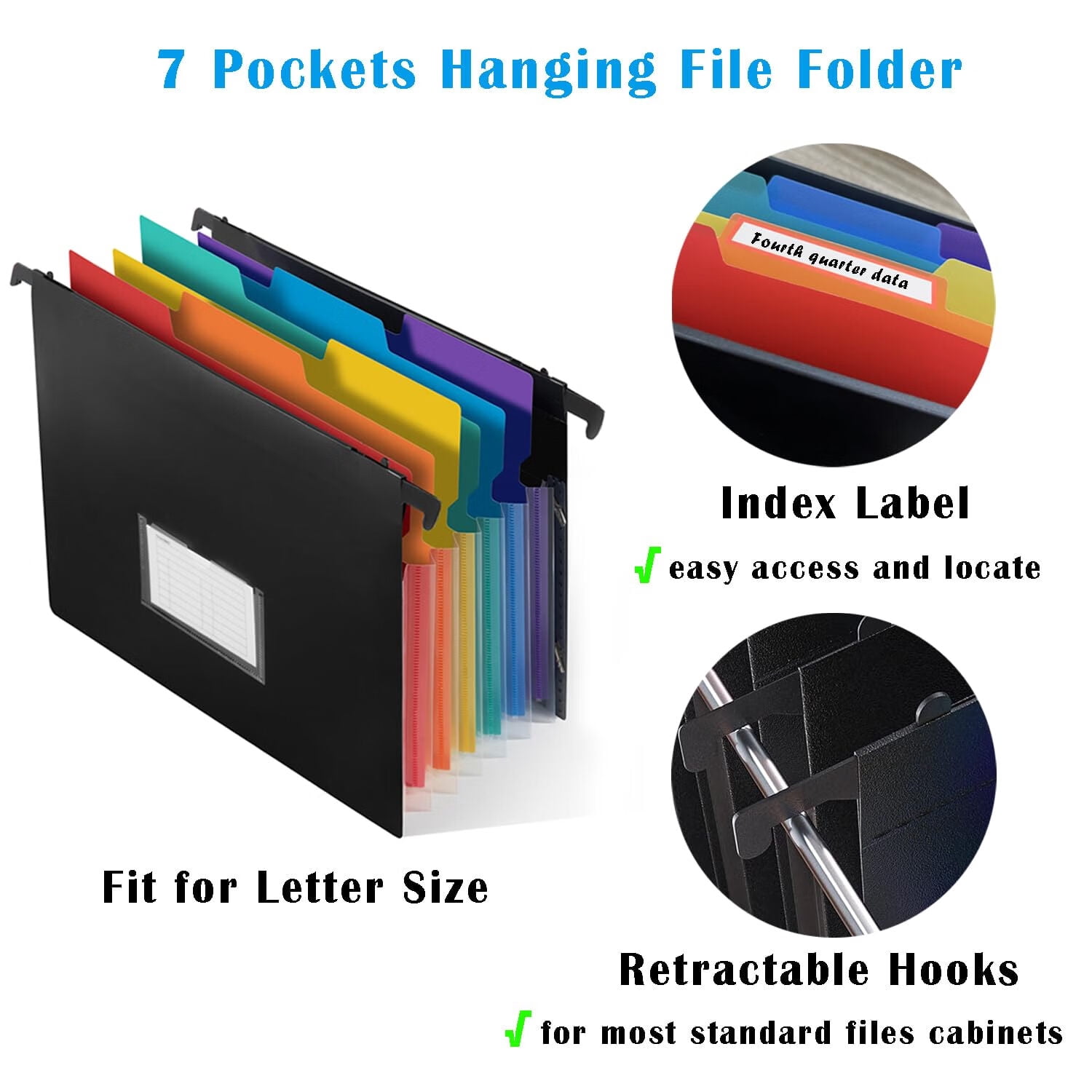 Plastic Expanding Hanging File Folders,7 Innovative 1.2" Accordion Pockets,Large Capacity,Multicolor Tabs,Regular File Size - 1 Pack
