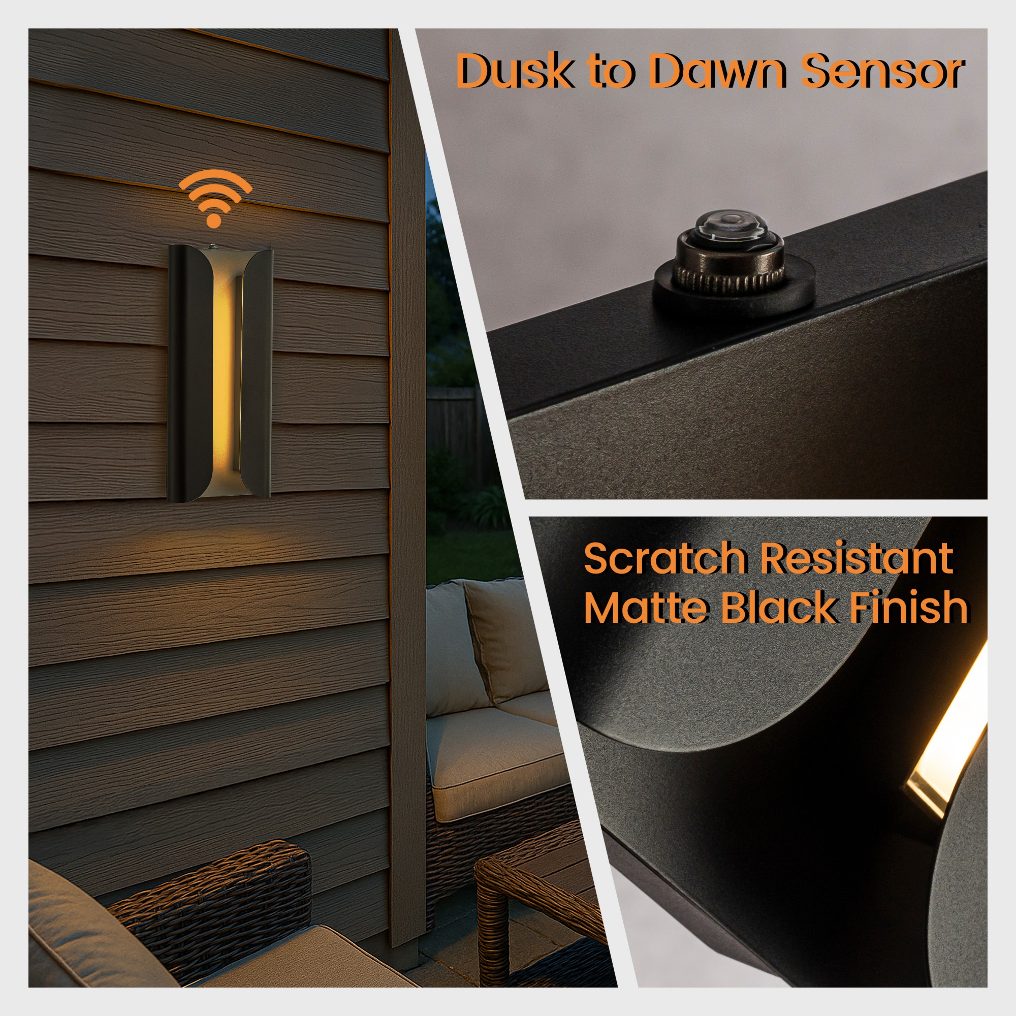 H15" Matte Black 24W Integrated LED Wall Sconce with Acrylic Shade Modern Simplicity Outdoor Wall Light with Dusk to Dawn Sensor for Porch  Garage