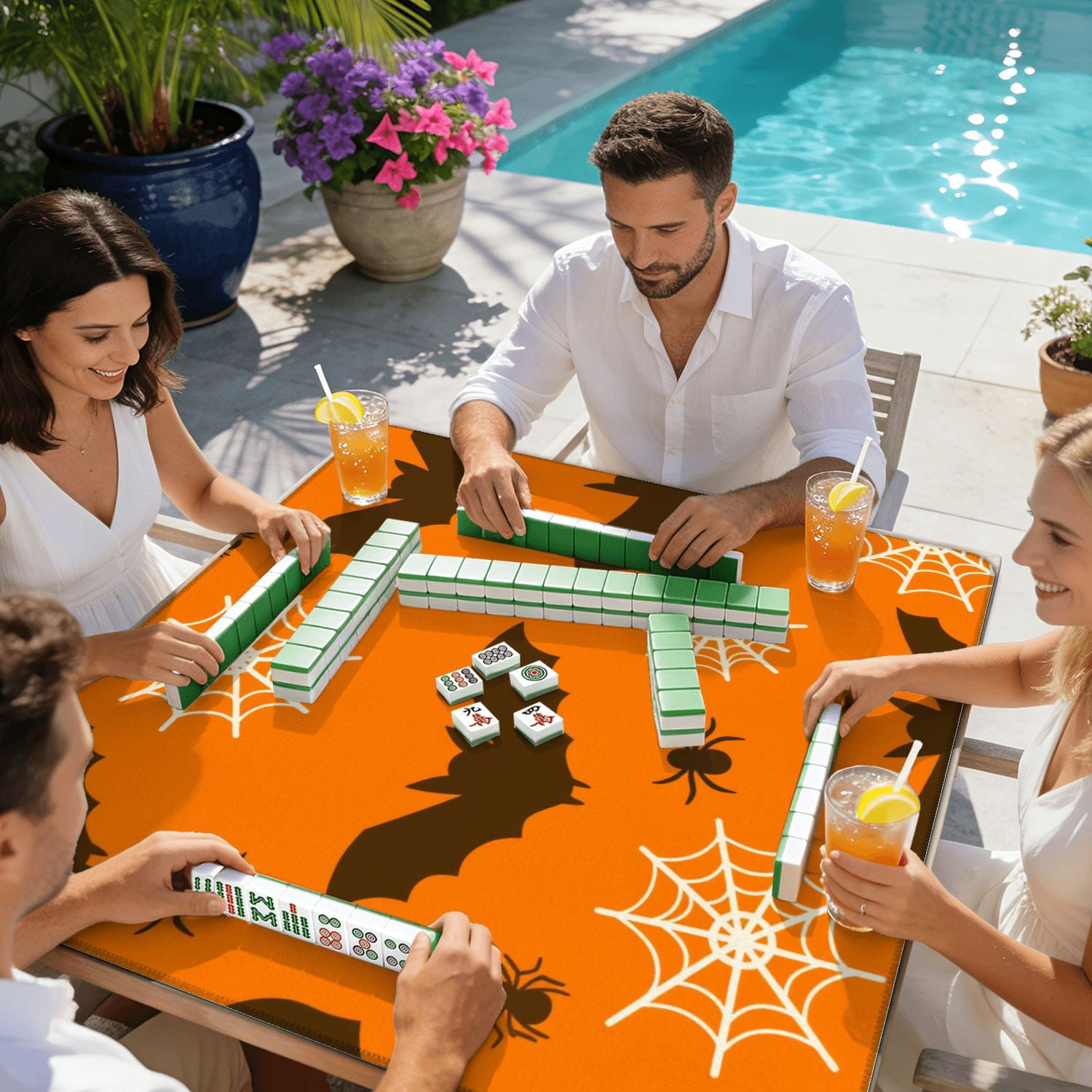Mahjong Mat 31.5" x 31.5" Halloween seamless bats spiders web Black bat orange Cute for textile Non-Slip Noise Reduction American Mahjong Tiles Table Cover for Dominoes Poker Card Board Games Gift