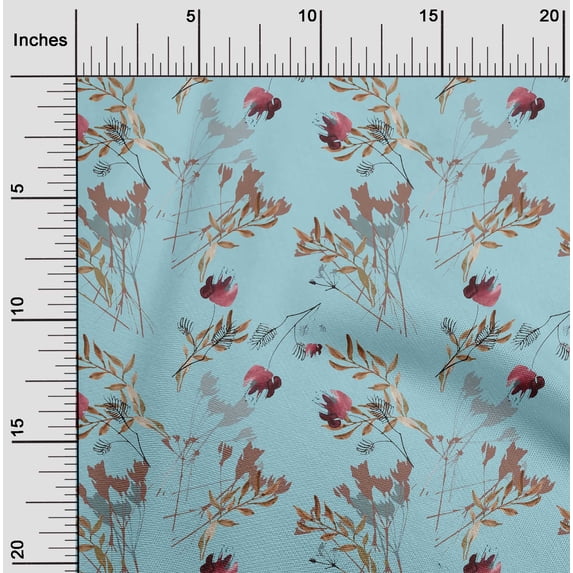 oneOone Cotton Poplin Twill Sky Blue Fabric Flower & Leaves Watercolor Sewing Material Print Fabric By The Yard 56 Inch Wide