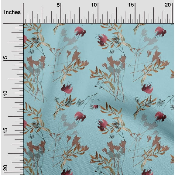 oneOone Cotton Poplin Twill Sky Blue Fabric Flower & Leaves Watercolor Sewing Material Print Fabric By The Yard 56 Inch Wide
