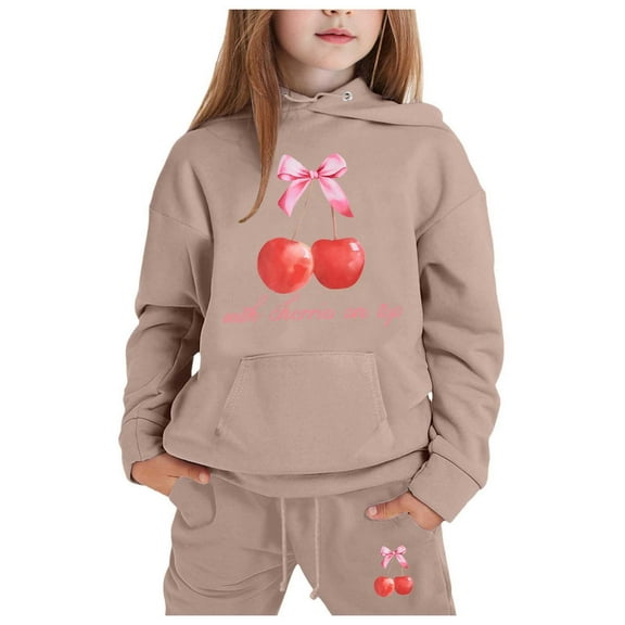 Byoo Toddler Girls Tracksuit Child Cherry Print Pullover Hoodie Sweatpants Sweatsuit Outfits