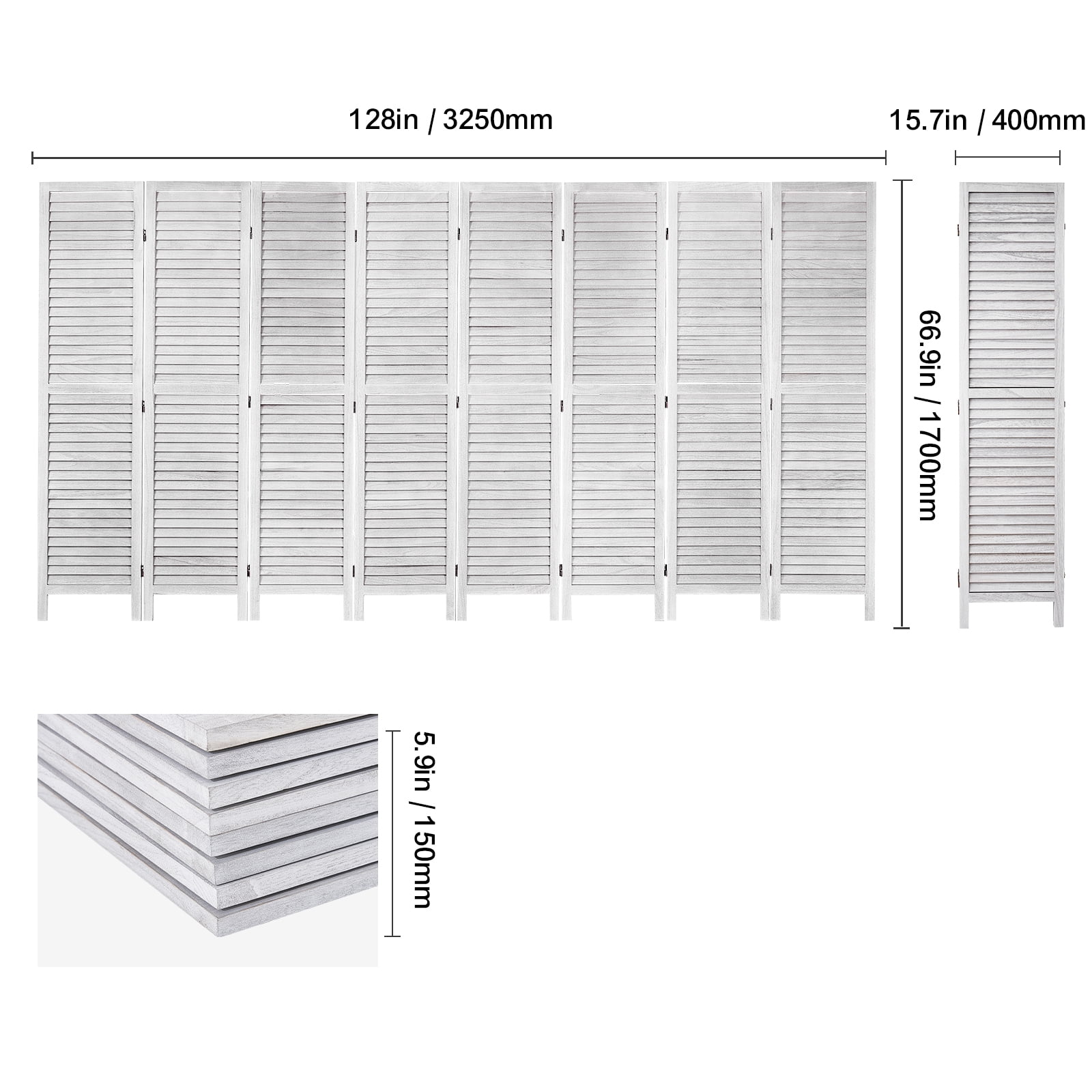 KFFKFF Wooden Partition, 8-Panel Folding Privacy Barrier, 66.9 Inches High Indoor Slatted Wood Divider, Movable Decorative Screen, Suitable for Home, Office, Dining Area & Sleeping Quarters
