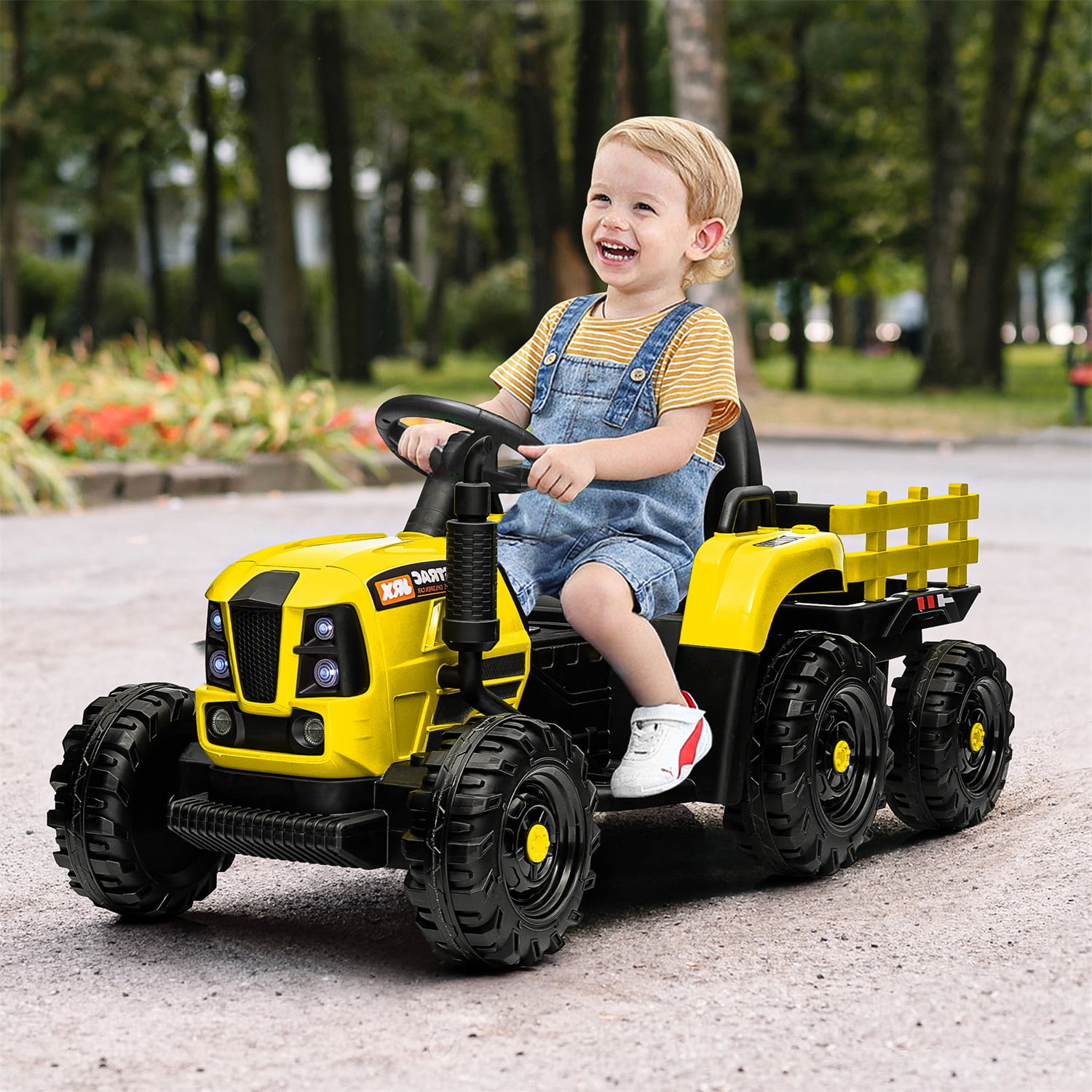 CIPACHO 12V Ride On Tractor with Trailer, Electric Kids Car with 2.4RC, 3 Speed Adjustable, USB, MP3, Power Display, 2 Point Safety Belt, Yellow