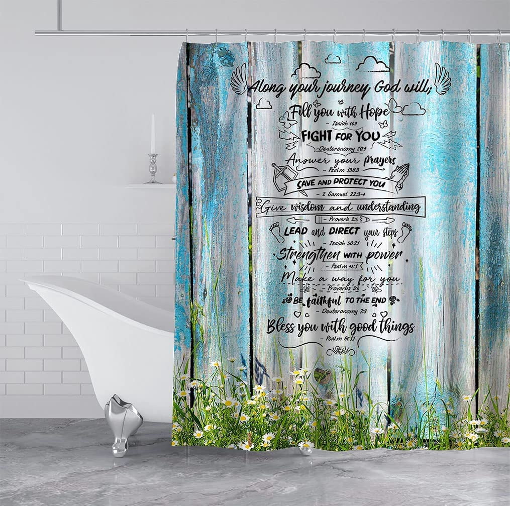 Positive Inspirational Quotes Shower Curtain, Country Floral White Daisy Blue Vintage Wooden Board Rustic Farmhouse Bathroom Decor, Waterproof Fabric Shower Curtain, 72 X 72 Inch, Angel Wings