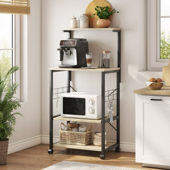 Bestier 4 Tier Kitchen Baker'S Rack Storage Shelf Microwave Stand Cart On Wheels Oak