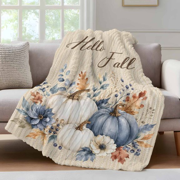 Fall Pumpkins Fleece Throw Blanket for Couch, Thanksgiving Autumn Leaves Floral Retro Beige Microfiber Flannel Blanket, Lightweight Fuzzy Plush Throw Blankets for Gifts, Office, 40"x50"