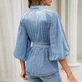 thumbnail image 6 of SETOOFF Womens 3/4 Length Sleeve Tops Denim Blouses Stand Collar Button Front Belted Waist Puff Sleeve Casual Shirts Women Spring Fall Travel Daily Outfit, 6 of 6