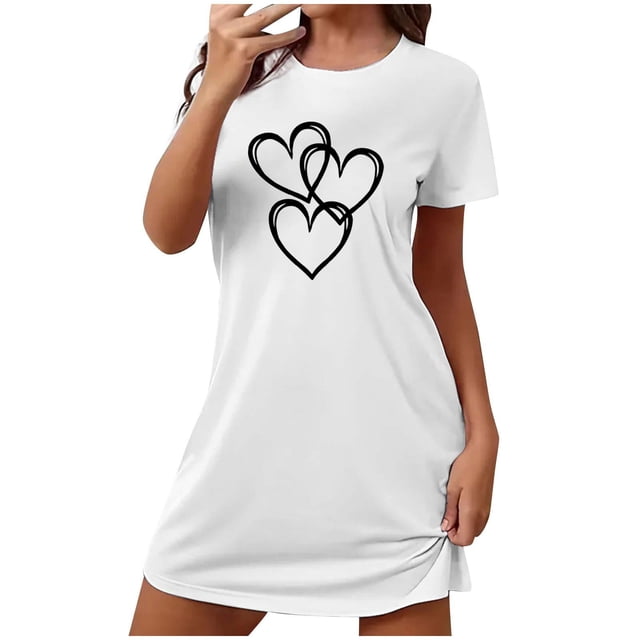 Tnhcen Robe de Nuit Grande Taille Été Soie de Lait Design Brossé Double Face Manches Courtes Col Rond Imprimé Dessin Animé Mignon Polyester Spandex Extensible P-2TG pour la Maison