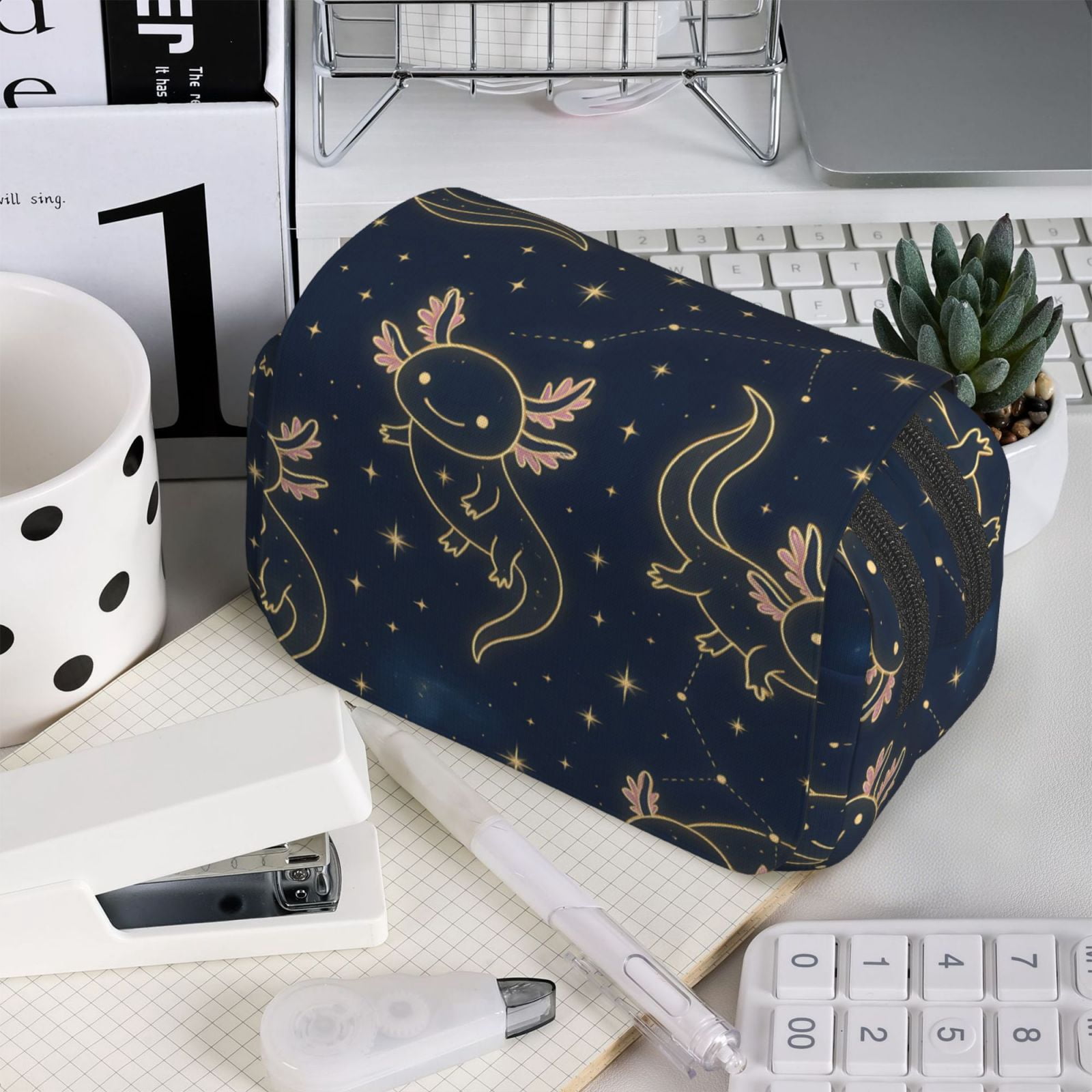Large-Capacity Flip-Top Double-Layer Pencil Case, Multi-Functional Pocket Pen Case, Durable Stationery Organizer Axolotl Constellations - Deep-Space Cute