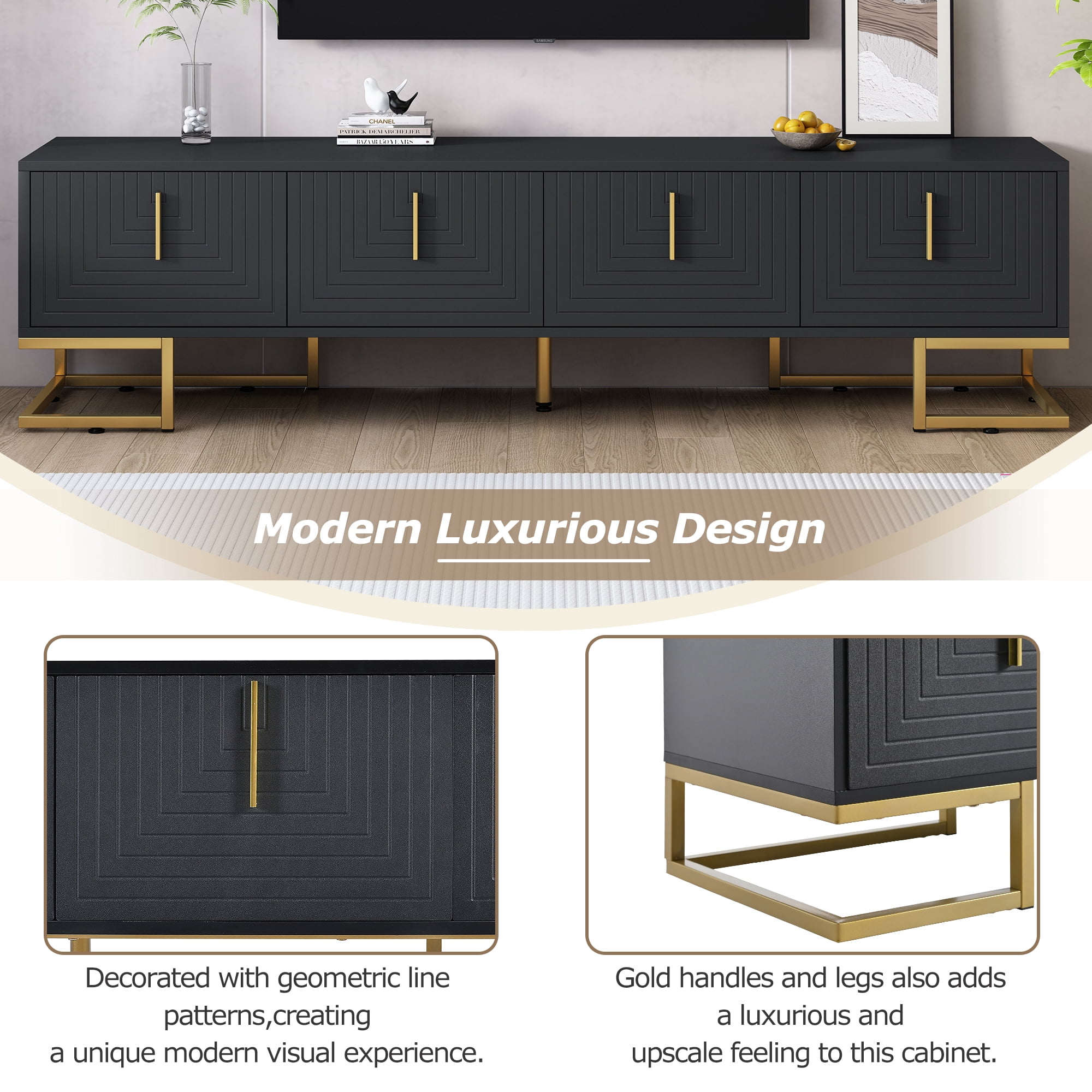 Aukfa Modern TV Stand for TVs up to 80'' with Metal Handles & Cabinet for Living Room, Black