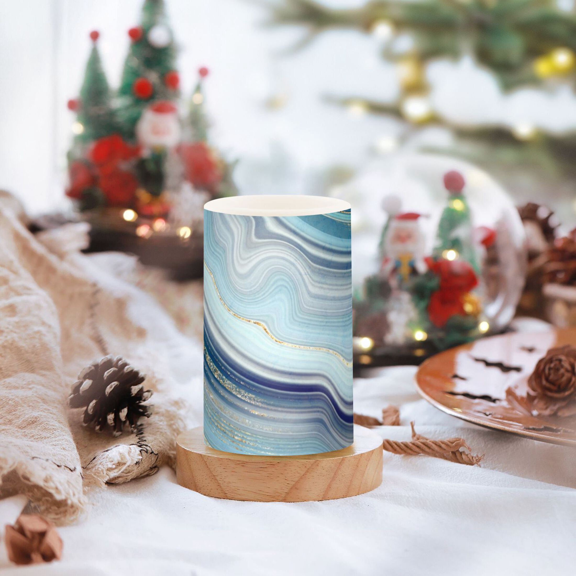 Blue and Gold Marble 2 PCS LED Flickering Flameless Candles with Remote Control Realistic 3D Wick LED Window Candles Sets for Wedding Table Home Decoration Gifts