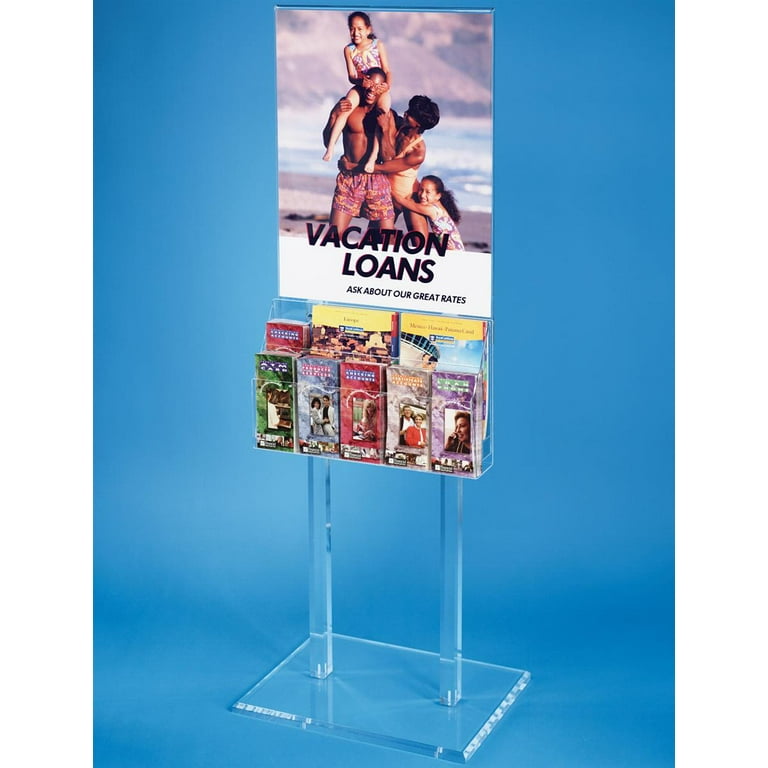 Poster Display Rack, Clear Acrylic Sign Stand with Literature Dispenser for  (2) 22”w x 28”h Images – Lucite Signage Holder Includes Space for 10