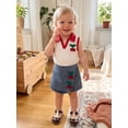 thumbnail image 4 of BemeyourBBs Toddler Baby Girl Summer Clothes Kids Baby Girl 2 Piece Cherry Denim Outfits Cherry Decor Lapel V-Neck Tank Vest Tops Jeans Denim Shorts Skirt Skorts Set, 4 of 9