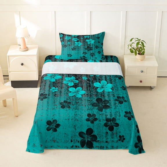 jejeloiu Teal Watercolor Flowers Twin Sheet Sets Kids,Tropical Floral Print Bedding,3 Pieces