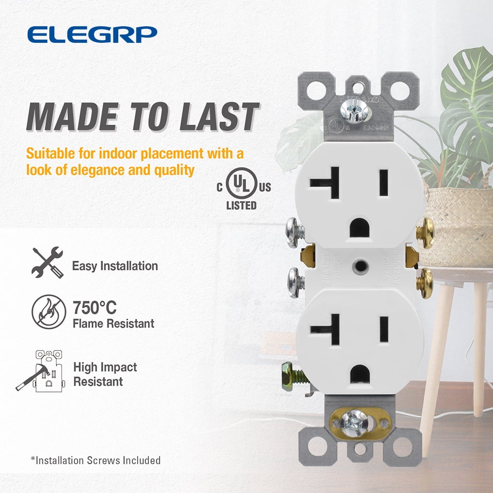 Duplex Receptacle 20A 125V , 2 Pole 3 Wire Standard Electrical Wall Outlet, 5-20R, Self-Grounding, side wire, UL Glossy White, 10 Pack