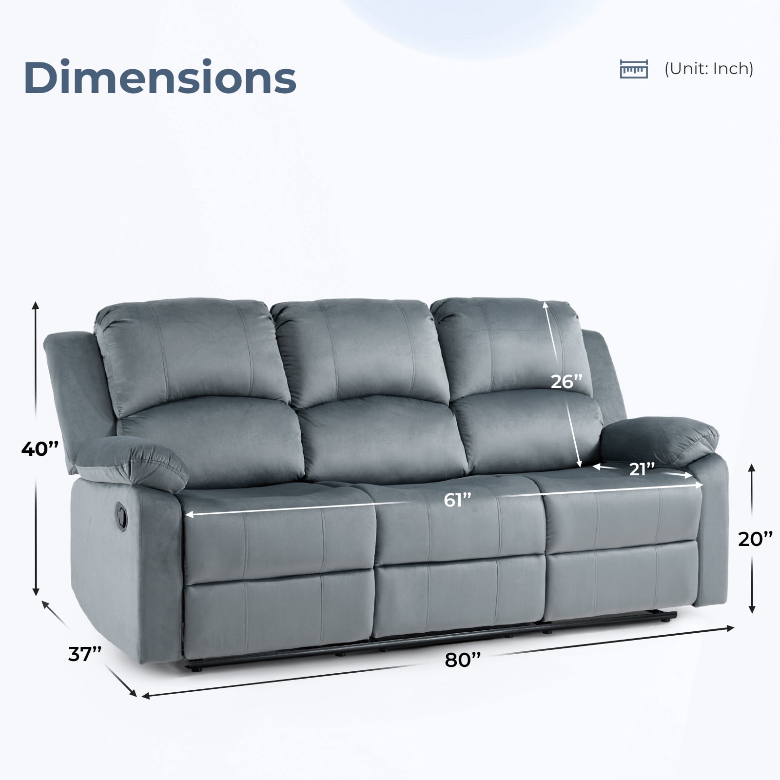 Bonzy Home Manual 3-Seat Reclining Sofa 3-Seater Couch with Overstuffed Arms & Backrest, Gray