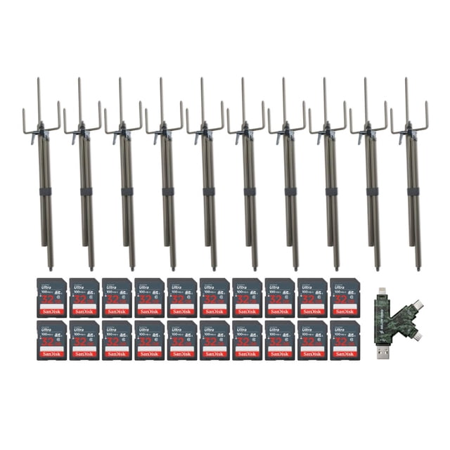 Paquete de 10 Bastones de Montaje para Cámara Stealth Cam con 20 Tarjetas SD de 32GB