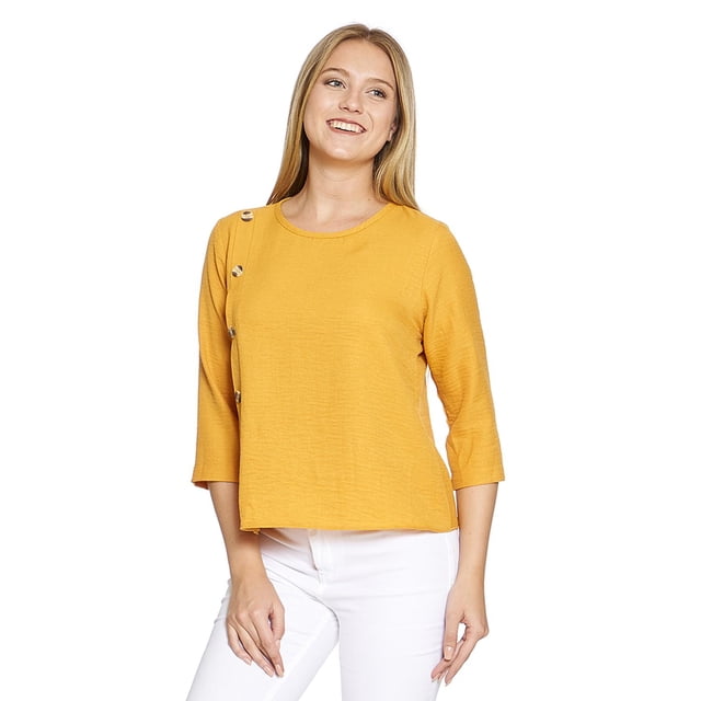 Blusa Para Mujer Con Botones Holgada Básica Color Mostaza Casual 550405 amarillo M Incógnita 550405