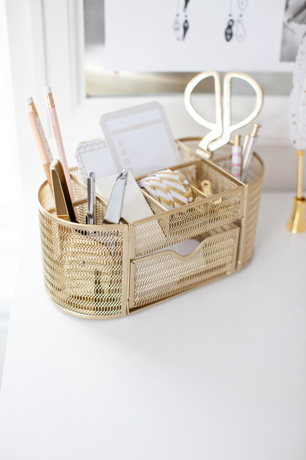 Blu Monaco Gold Desk Organizer with Drawer - for Home or Office