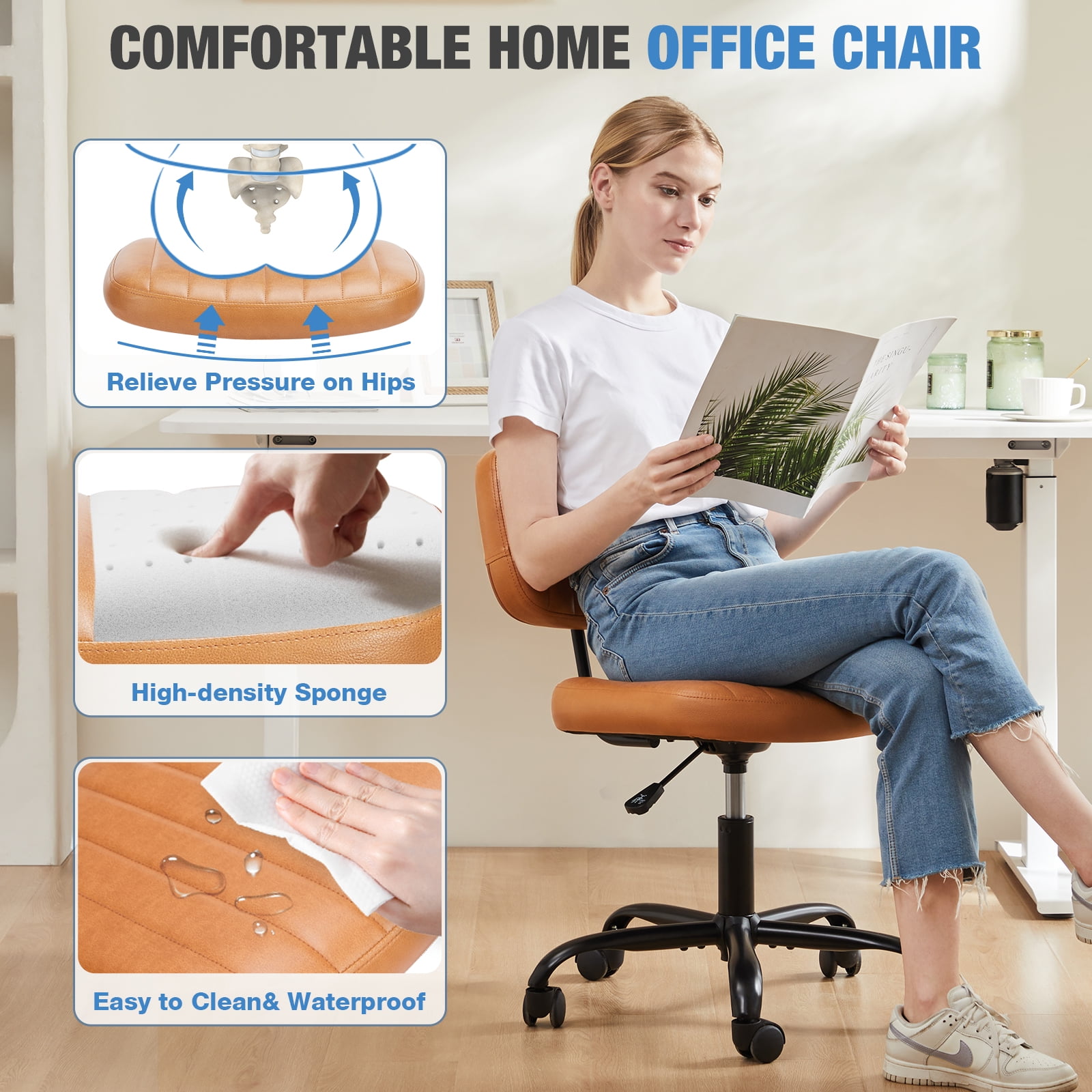Gianna Armless Office Desk Chair with Adjustable Height, 360°Swivel, and Computer Chair with Lumbar Support, Brown