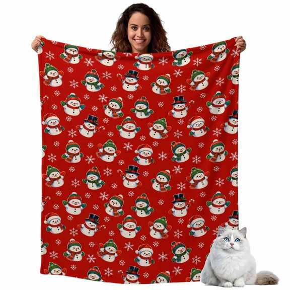 Cute Small Snowmen Throw Blanket Flannel Fleece Throws, Christmas Red Background Lightweight Super Soft Warm Blankets for Couch Sofa Bed All Season Use,50x60 IN
