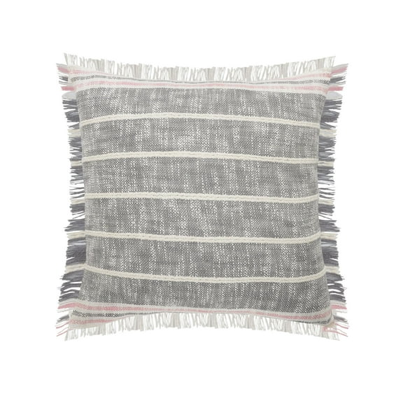 Laddha Home Designs 20" Gray and White Striped Square Throw Pillow with Fringes