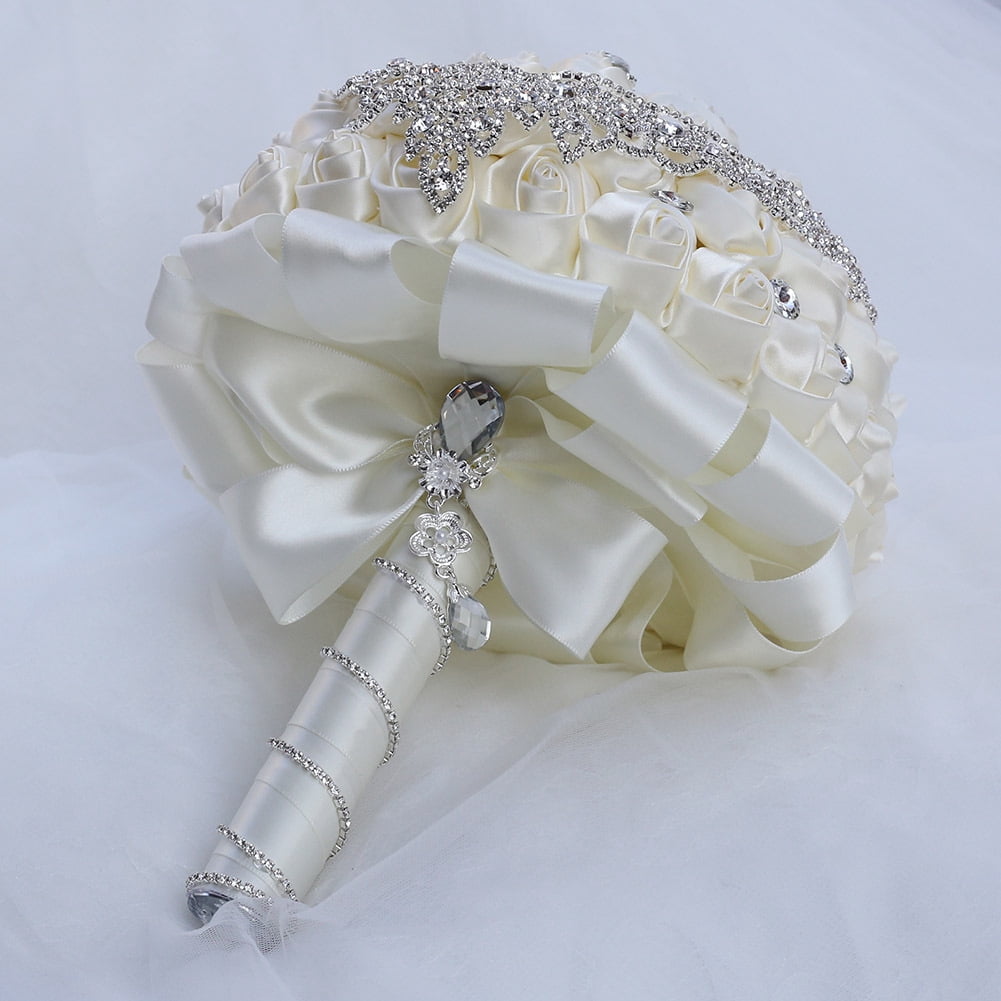 Namzi 1 Piece Vintage Wedding Bouquet, Satin Ribbon Rhinestone Bridal Bouquet, Ideal for Vintage Theme Evening Wedding Celebrations,Beige