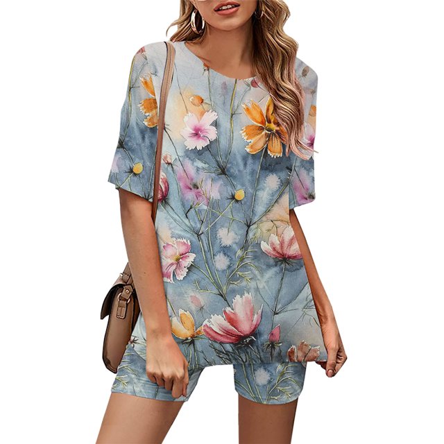 Ensembles pour Femmes 2 Pcs Tenues Mode Col Rond Blouse Manches Courtes Hauts Shorts Ensemble Décontracté Ensembles Assortis pour Femmes Été en Liquidation