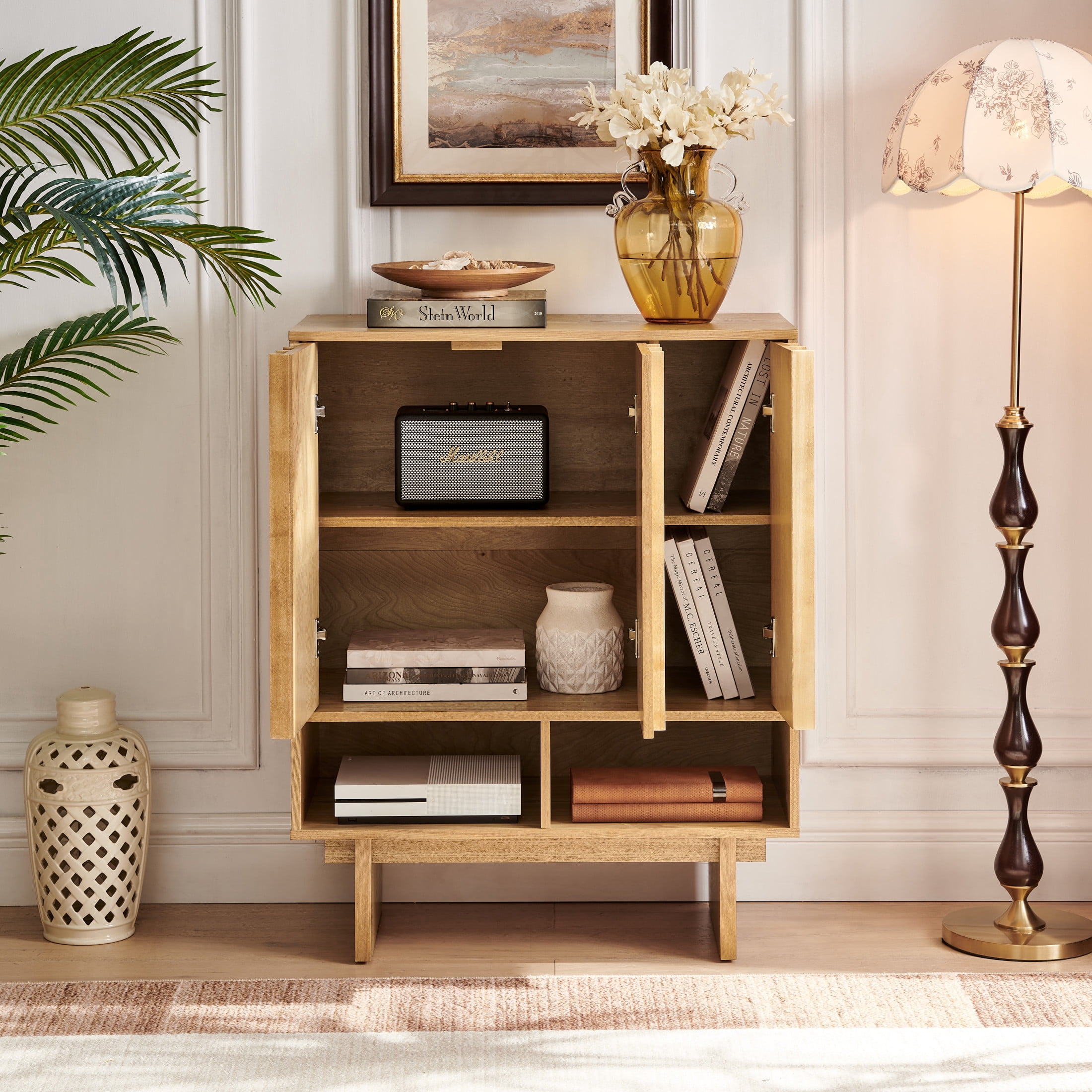 GDF Studio 31.6" Mid-Century Modern Sideboard Cabinet with 3 Doors, Adjustable Shelves, Natural