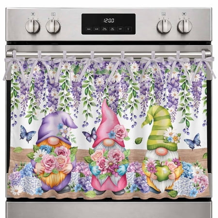 Farmhouse Oven Skirt Curtain Blue Purple Gnomes Oven Curtain Tie Top Spring Country Hydrangea Flower Leaf Stove Skirt Curtains with Ties&Ruffle Trim Dishwasher Skirts Curtains for Cabinet 32 x24