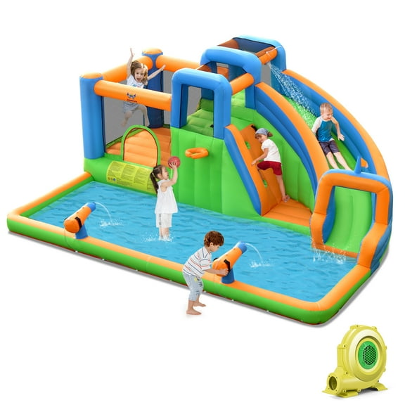 Costway 6 in 1 Inflatable Giant Kids Water Park Bounce House with Dual Climbing Walls 735W Blower included