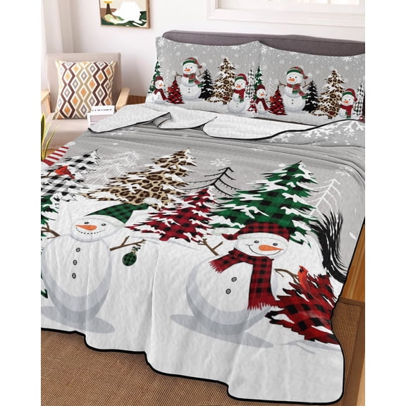 Grey Christmas King Size Down Alternative Comforter, Lightweight Comforter Quilt Bedding Set with Pillow Shams Snowman Xmas Tree Winter Snowflake All Seasons Bed Comforter Duvet Insert 96"x106"