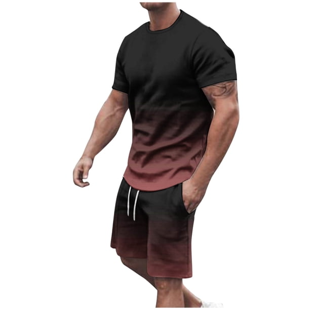 Mens Pantalones Casuales Cuello Redondo Impresión de Manga Corta Blusa Y Pantalones Cortos Traje, Pantalones de Traje para Hombres
