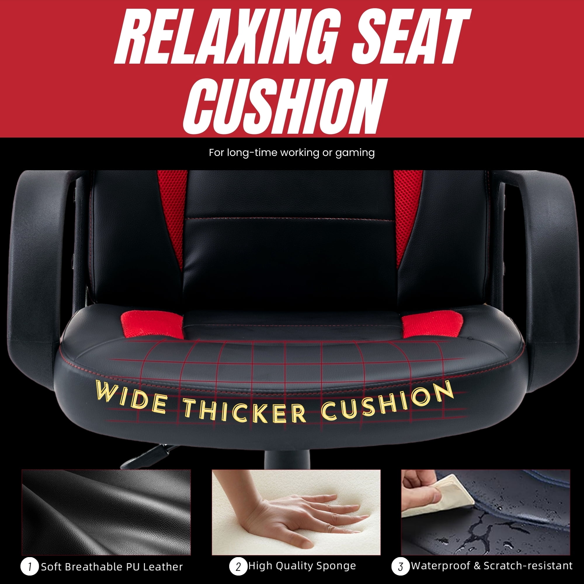 Snugway Ergonomic Gaming Chair - Adjustable Swivel Computer Desk Chair with PU Leather，Red