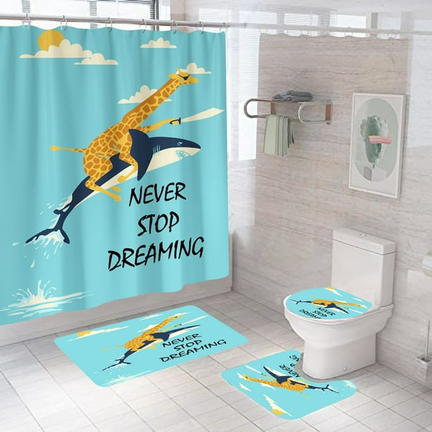 4Pcs Giraffe Shark Shower Curtain Set with Non-Slip Rugs, Toilet Lid Cover  and Bath Mat, Blue Adventure Theme Bath Decor Shower Curtains with 12 Hooks  Durable Waterproof for Bathroom72*72 