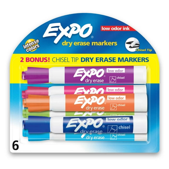 EXPO Dry Erase Markers, Assorted Colors, Low Odor, Chisel Tip, 6 Count
