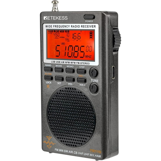 Mini Airband Radio Scanner, Portable SSB Full Band Radio, FM MW SW, Rechargeable Battery, Antenna, Squelch, Clock, Sleep Timer, Type-C for Outdoor