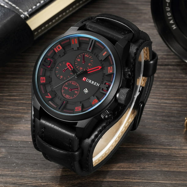 Mens watch black face brown band deals