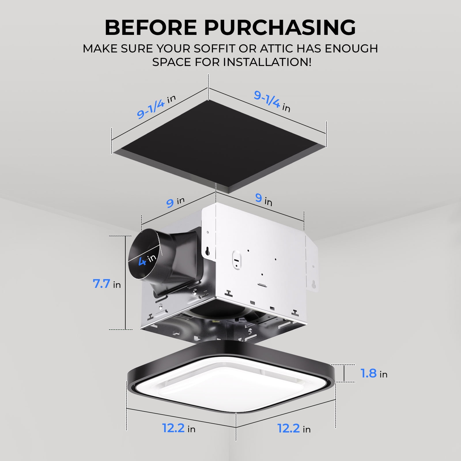 Akicon Bathroom Exhaust Fan with RGB LED Light, 110 CFM 1.5 Sone Ultra Quiet Bathroom Vent Fan for Ceiling, 3CCT Dimmable Light & Nightlight, Remote Control, Square, Black