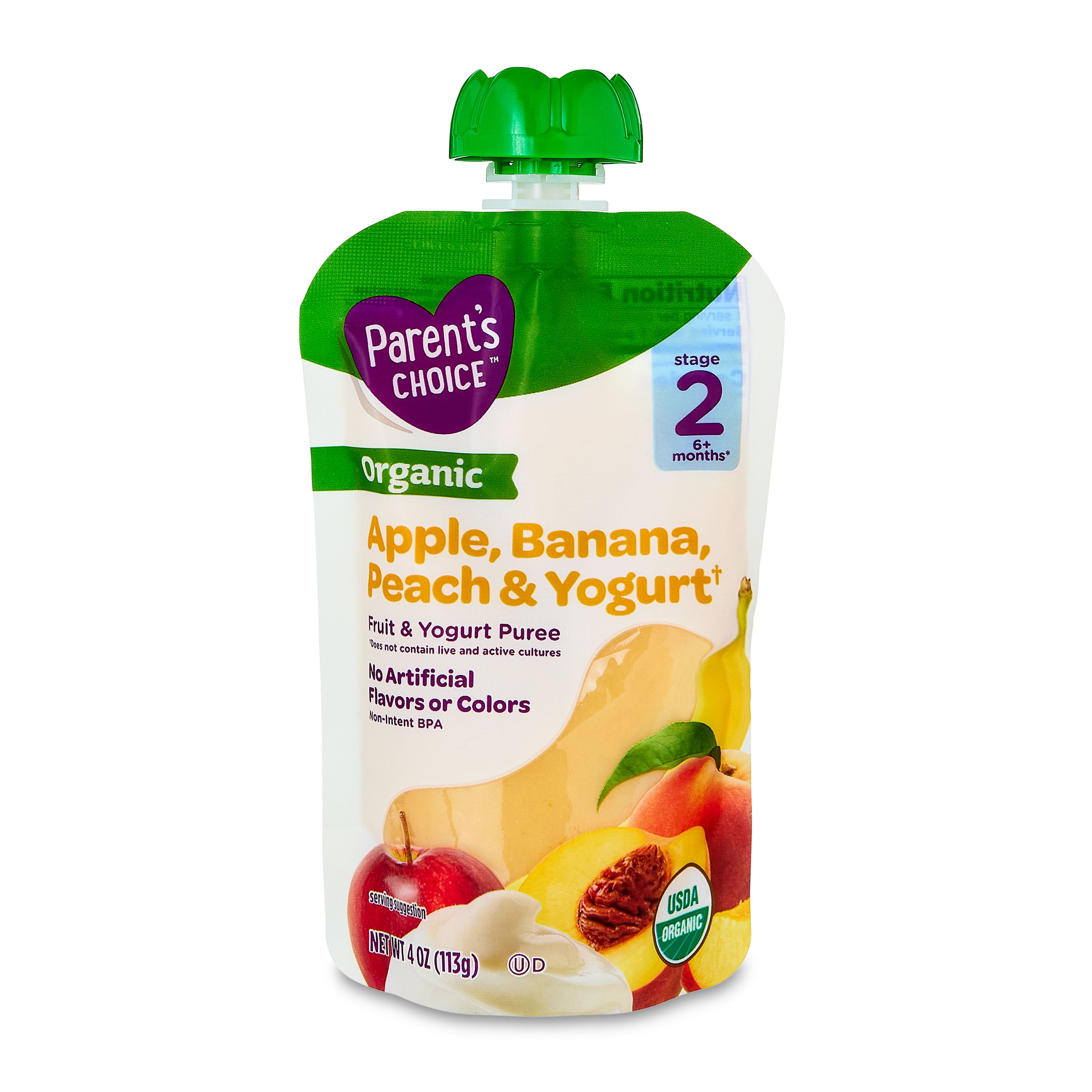 (12 pack) Parent's Choice Organic Stage 2 Baby Food Apple, Banana, and Peach Fruit and Yogurt Puree, 4 oz Pouch
