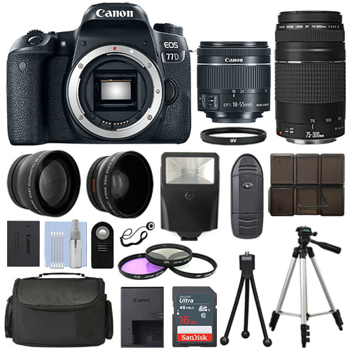 bekennen De databank gans Canon EOS 77D SLR Camera + 4 Lens Kit 18-55 STM + 75-300mm + 16GB Top Value  Kit - Walmart.com