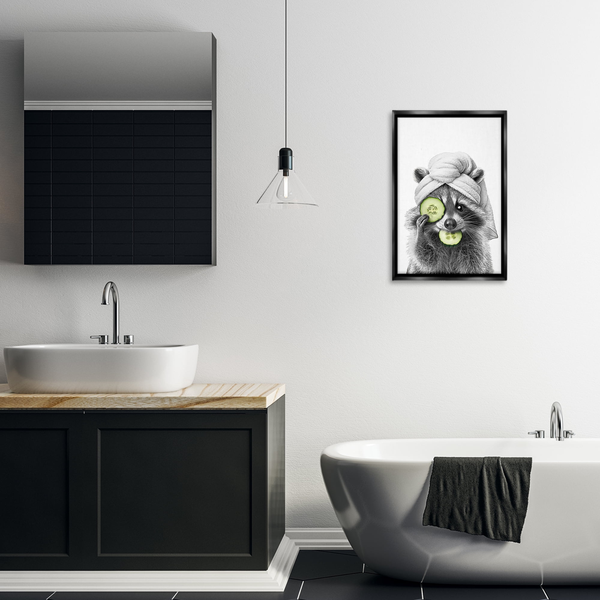 Stupell Industries Raccoon Spa Day Typography Painting Black Floater Framed Canvas Art Print Wall Art, 17 x 25