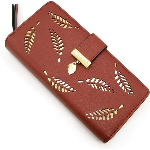 MMYGU Women's Short Purse Leather Medium Wallet Leaf Bifold Card Coin Holder Small Purses Buckle Zipper Clutch