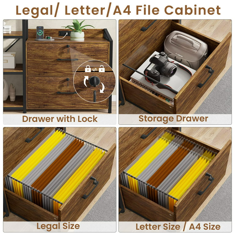 Filing Cabinet with Lock & Charging Station, Drawer Wood File Cabinet with  Bookshelf, Printer Stand with Open Storage Shelf - AliExpress